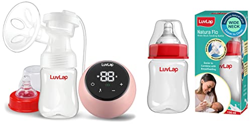 Luvlap Adore Electric Breast Pump, 2pcs Breast Pads Free, Soft & Gentle, BPA Free & Anti-Colic Wide Neck Natura Flo Baby Feeding Bottle, 150ml, New Born/Infants/Toddler Upto 3 Years, BPA-Free, White
