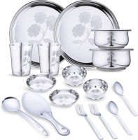 LIMETRO STEEL Pack of 18 Stainless Steel Laser Printed (Flawer-2) Dinner Set(Steel)