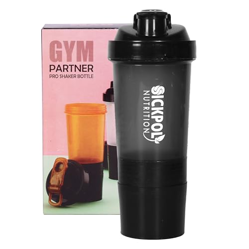 SICKPOL NUTRITION Protein Shaker Bottles with Powder Storage, Gym Sports Bottle for Protein Mixes Leak Proof Insulated Shaker Cups without Blending Ball Portable Water Bottle (Black) (500 ml)