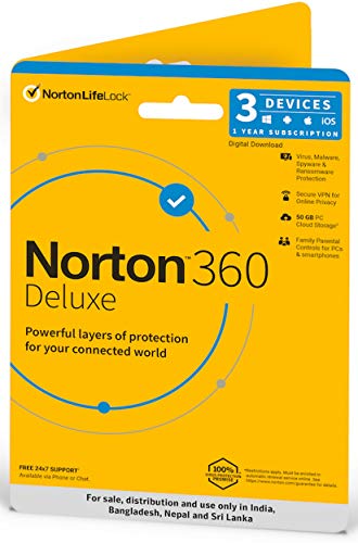 Norton 360 Deluxe |3 Users 1 Year|Total Security for PC, Mac, Android or iOS|Additionally Includes Password Manager, PC Cloud Back Up, SafeCam for PC |Physical Delivery |No CD