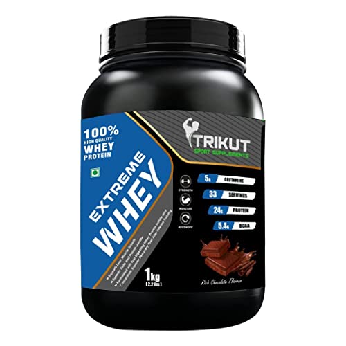Trikut Sport Supplements Extreme Whey Protein 2.2lbs/1kg (Rich Chocolate) – 24g Protein Per Serving – Zero Fats & Sugar