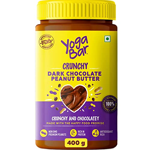Yogabar Crunchy Peanut Butter 400g | Dark Chocolate Peanut Butter Crunchy with No Palm Oil & Anti-Oxidants | Creamy, Crunchy & Chocolatey | Non GMO Vegan Peanut Butter