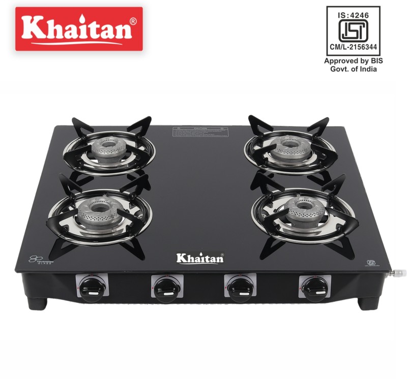 Khaitan Active with Forged Black Toughened Glass Manual Gas Stove(4 Burners)