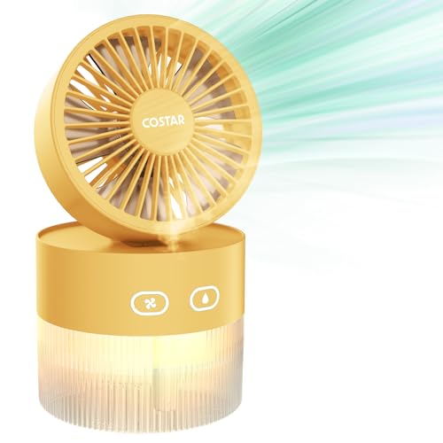 COSTAR Portable Table Fan with Mist Humidify, USB Rechargeable Fan w/Night Light, Brushless 3 Speeds Personal Mini Fan, 180° Rotate Evaporative Air Cooler 350ml Water Tank (Yellow)