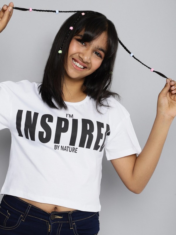 HERE&NOW Girls Typography Pure Cotton T Shirt(White, Pack of 1)