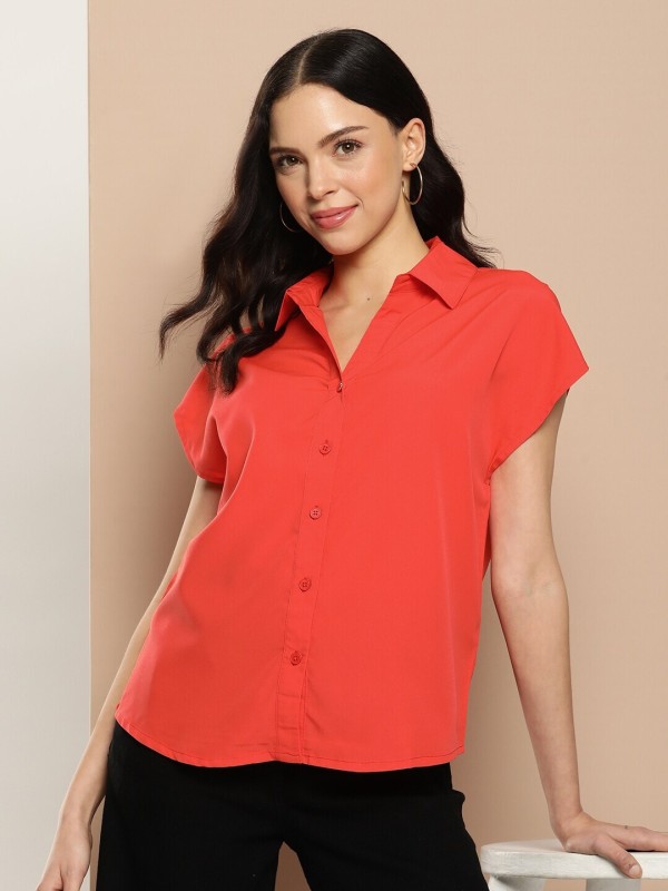 encore by INVICTUS Women Solid Casual Orange Shirt