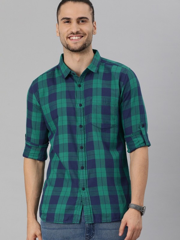 HERE&NOW Men Checkered Casual Green Shirt