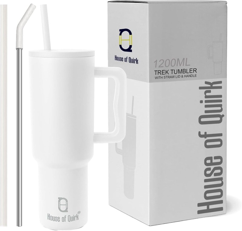 HOUSE OF QUIRK 1200ML Tumbler with Handle and Straw Lid Double Insulated Cup Reusable 1200 ml Bottle(Pack of 1, White, Steel)