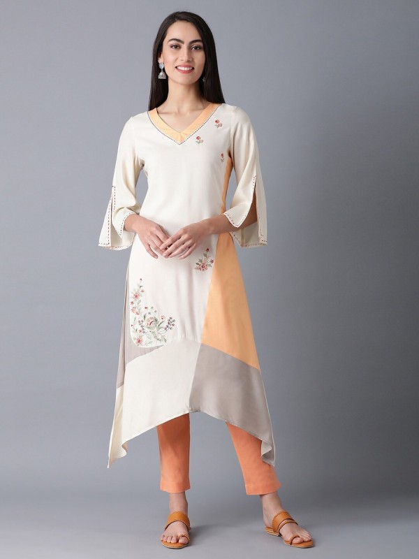 W Women Printed A-line Kurta(Beige)