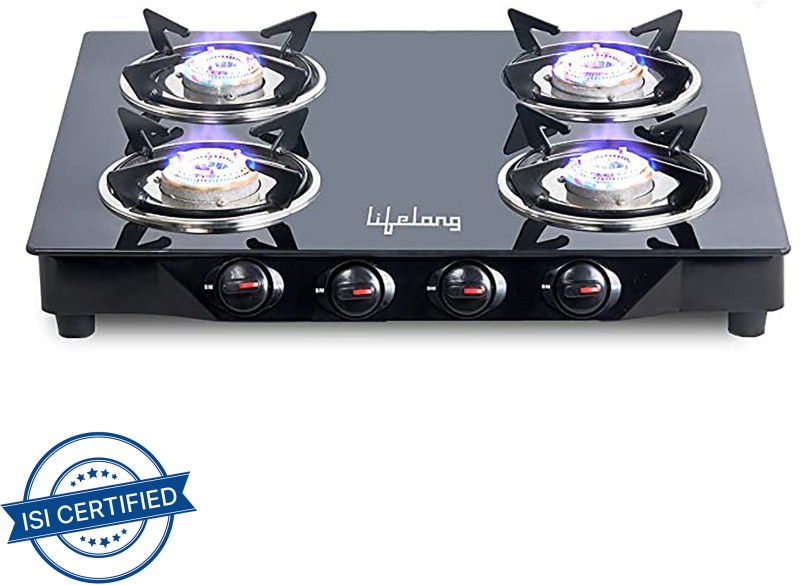 Lifelong ISI Certified Glass Manual Gas Stove(4 Burners)