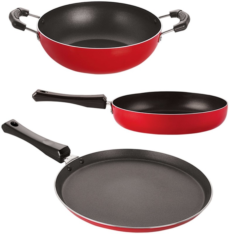 NIRLON Mini (Tawa, Fry Pan, Kadhai), Red Non-Stick Coated Cookware Set(PTFE (Non-stick), Aluminium, 3 – Piece)