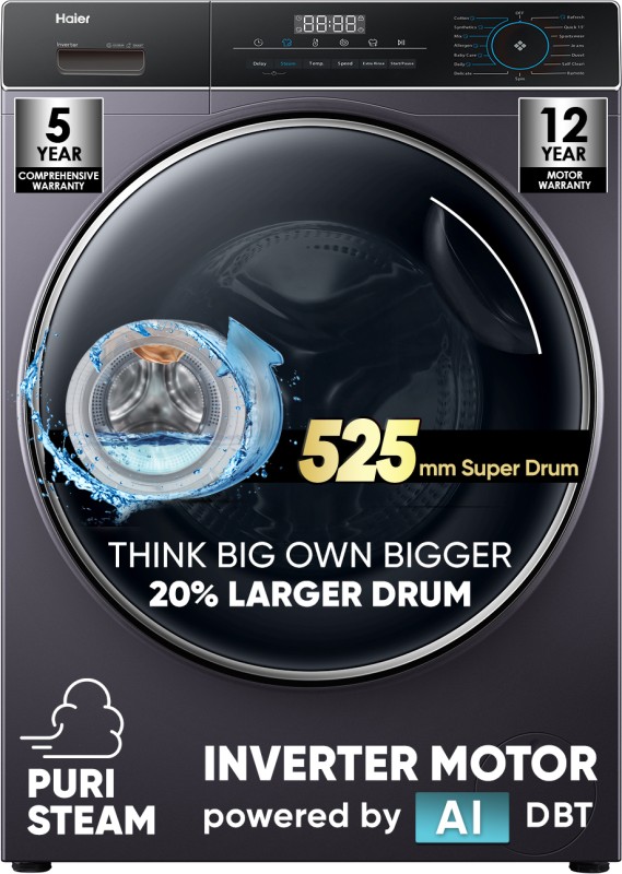 Haier 8 kg Super Drum 525, Puri steam & Refresh Fully Automatic Front Load Washing Machine with In-built Heater Grey(HW80-IM12929CS6)