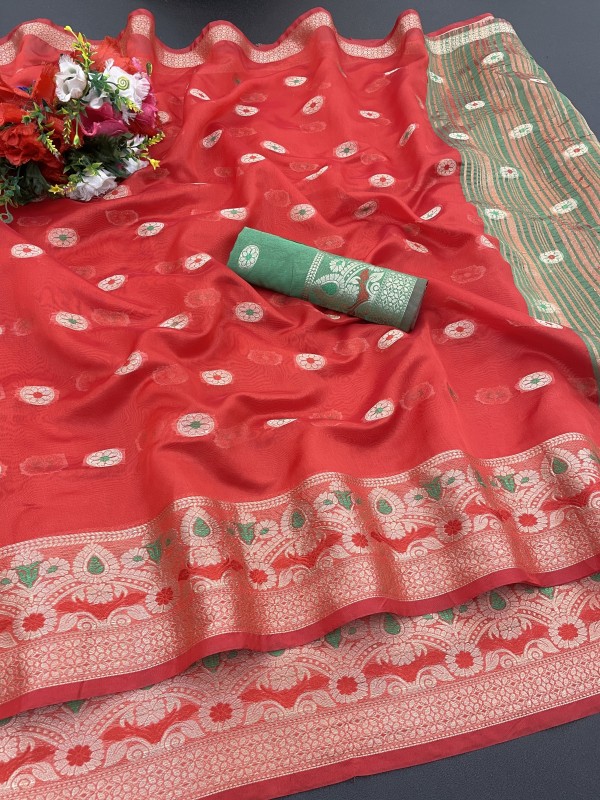 NAROLA TRENDZ Woven Banarasi Organza Saree(Green)