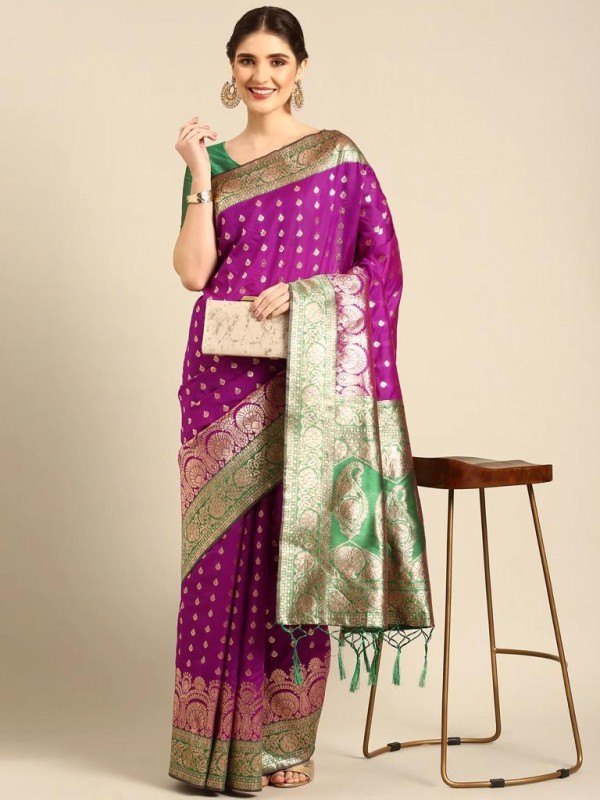 Miren Printed Banarasi Cotton Silk Saree(Purple)