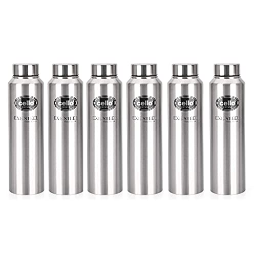 CELLO Crysta Stainless Steel Bottle | Tough & Trendy | Lid is Sealed by a Silicone Ring | Best Usage: Office/School/College/Gym/Picnic/Home/Fridge | 1000ml | Silver, Set of 6