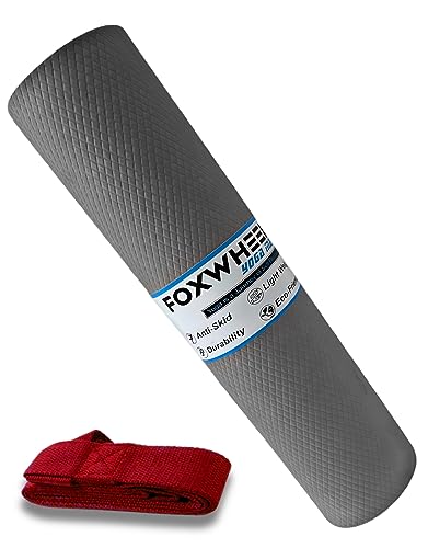 FOXWHEEL® 4MM Thick, Light Weight with Anti-Slip Dual Side Embossed Yoga Mat with Carrying Strap For Men aand Women (4MM, Grey)
