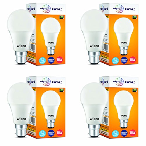 Wipro Garnet 10W LED Bulb for Home & Office |Cool Day White (6500K) | B22 Base|220 degree Light coverage |4Kv Surge Protection |400V High Voltage Protection |Energy Efficient | Pack of 4