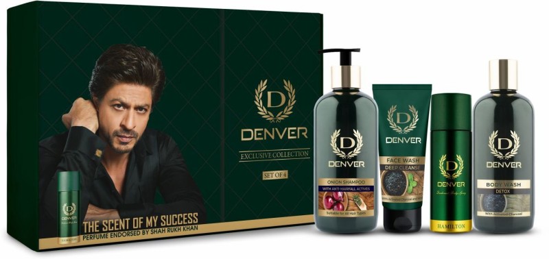 DENVER Combo Of Onion Shampoo, Detox Body Wash, Deep Cleanse Face Wash & Nano Deo Deodorant Spray  –  For Men(725 ml, Pack of 4)