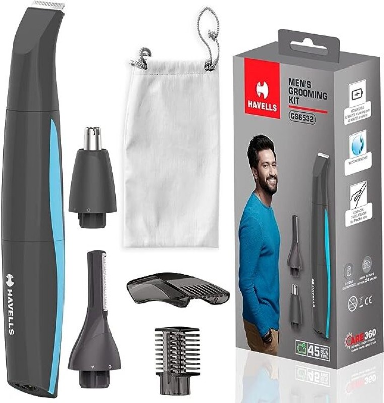 HAVELLS GS6532 5-in-1 Men’s Grooming Kit with Protective Combs, Rechargeable Grooming Kit 90 min  Runtime 4 Length Settings(Grey)