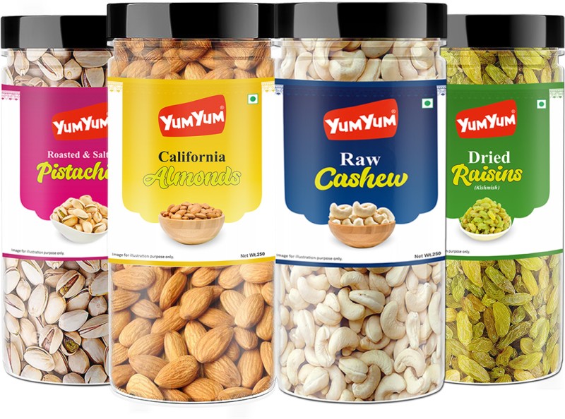 YUM YUM Premium Dry fruit Combo Pack 1Kg – Badam, Kaju, Pistachio & Kishmish 250g Each – Almonds, Cashews, Pistachios, Raisins(4 x 0.25 kg)