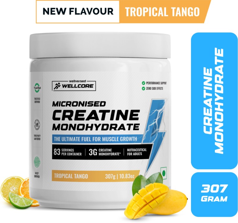 Wellcore Micronised Creatine Monohydrate | Lab Tested | Enhanced Absorption | 100% Pure Creatine(307 g, Tropical Tango)