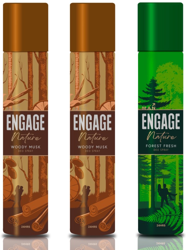 Engage Nature Deo: 2 Woody Musk & 1 Forest Fresh (150ml X 3) Deodorant Spray  –  For Men(450 ml, Pack of 3)