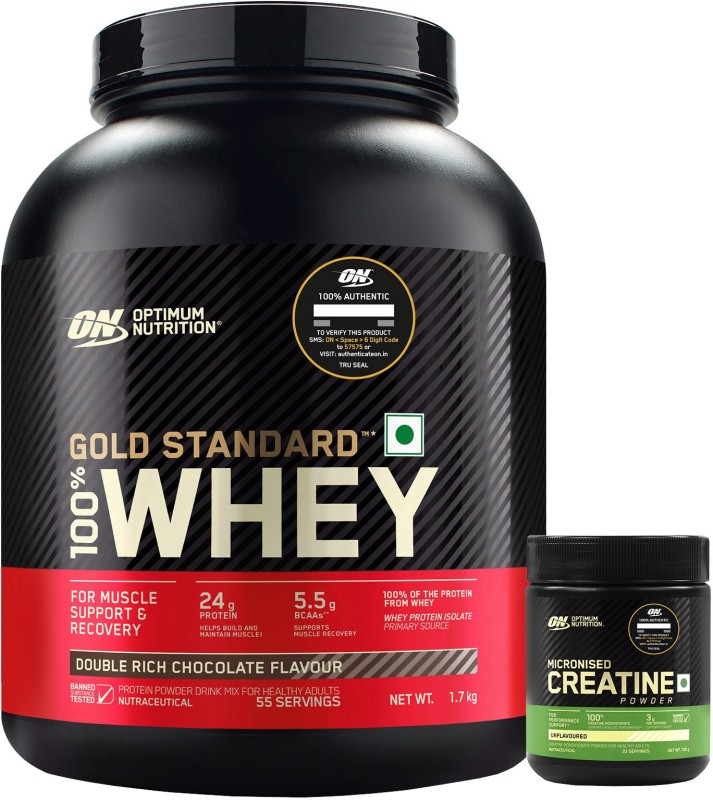 Optimum Nutrition Gold standard 100% Powder1.7 Kg +ON Micronized Creatine(100g, Unflavored) Whey Protein(1.8 kg, Double Rich Chocolate)