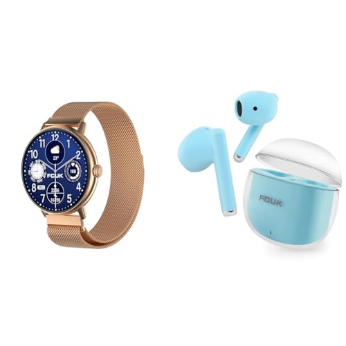 FCUK New Tide 1.39″ Round Display Bluetooth Calling Rose Gold Smartwatch with Kicks True Wireless Orange Earbuds