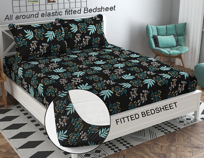 Home Garage 210 TC Cotton King Floral Fitted (Elastic) Bedsheet(Pack of 1, Fitted Black Green)