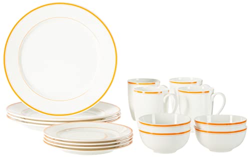 Amazon Brand – Solimo Ceramic Checkered 16 Piece Dinner Set | 4 Dinner Plates, 4 Quarter Plates, 4 Mugs & 4 Small Bowls | Zig Zag (White)