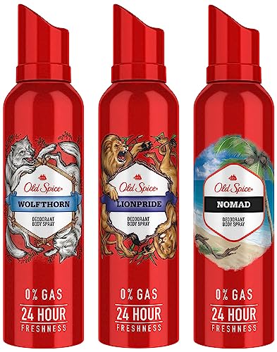 Old Spice Wolfthorn No Gas Deodorant Body Spray Perfume, 140ml & Lionpride No Gas Deodorant Body Spray Perfume, 140ml & Nomad No Gas Deodorant Body Spray Perfume, 140ml For Men