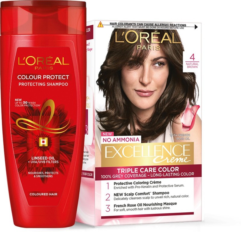 L’Oréal Paris Excellence Creme Hair Color, Shade 4 – Dark Brown, 100 g + 72 ml + Colour Protect Shampoo, 192.5 ml(2 Items in the set)