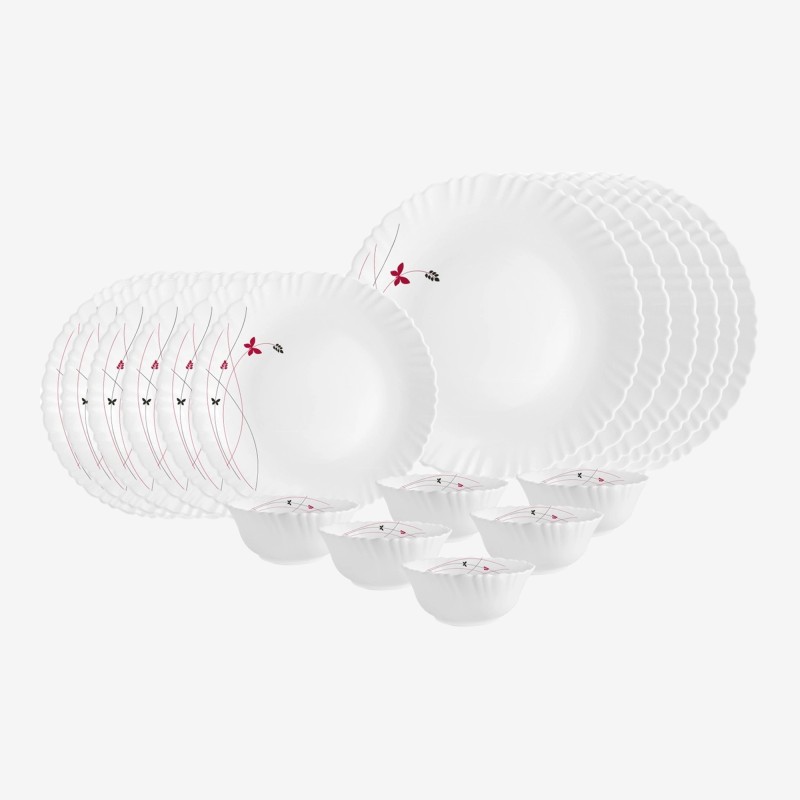 cello Pack of 18 Opalware Dazzle Lush Fiesta,Pieces Dinner Set(Red, White, Microwave Safe)