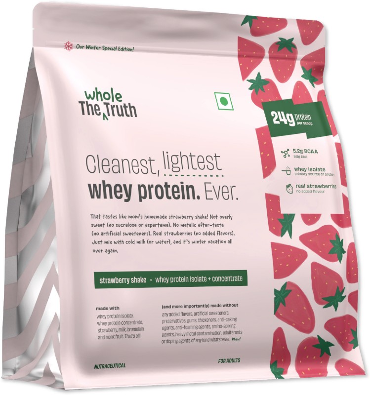 The Whole Truth Strawberry Whey Protein Isolate + Concentrate | 24g Protein/Scoop|100% Authentic Whey Protein(1 kg, Strawberry Shake)