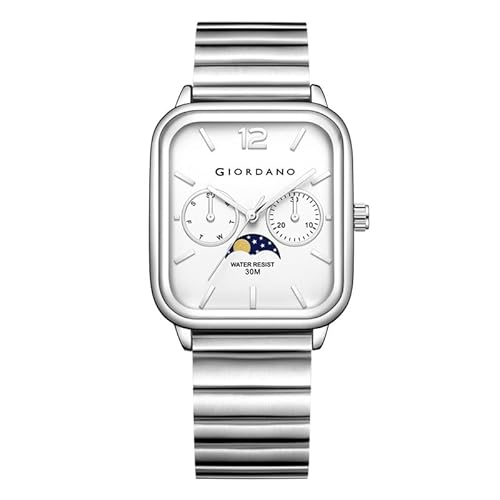 Giordano Classic Square Analog Watch for Men with Moon Phase Display and Stainless Steel Strap – GZ-50117
