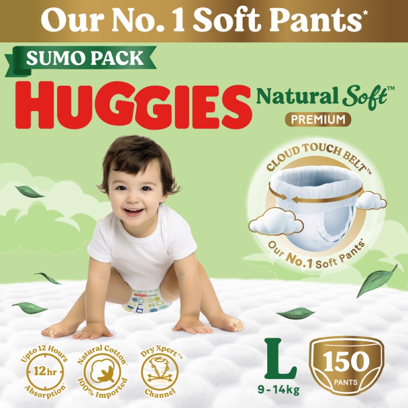 Huggies Nature Care Premium Baby Diaper Pants Made with 100% Organic Cotton , (9-14 Kg) – L(52 Pieces)