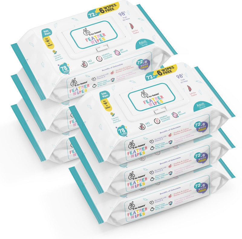 R for Rabbit Feather Aqua Baby Wipes Enriched with Vitamin E (Pack of 78 x 6)(468 Wipes)