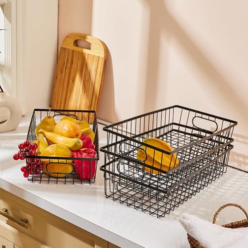 Amazon Brand – Solimo 16″ Metal Farmhouse & Pantry Food Storage Basket Bin | Wire Grid Design for Cabinets, Cupboards, Shelves, Counter-tops | Holds Vegetables & Fruits (Pack of 4 | Black)