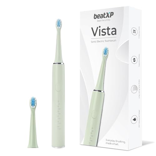 beatXP Vista Sonic Electric Toothbrush for Adults with 2 Brush Heads & 5 Cleaning Modes | Rechargeable Electric Toothbrush | 30000 strokes/min with Long Battery Life (Green)