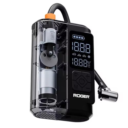 ROGER Smart Tyre Inflator | Dual Mode (Battery & Car 12V Port) | 6000mAh | Rapid Inflation | 150 PSI | Digital Display | 5 Air Fill Modes | Multiple Nozzles | Auto Cut-Off