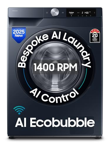 Samsung 9 kg, 5 Star, AI Control, AI Ecobubble, Super Speed, Wi-Fi, Hygiene Steam with Inbuilt Heater, Digital Inverter, Fully-Automatic Front Load Washing Machine (WW90DG6U24ASTL, NAVY)