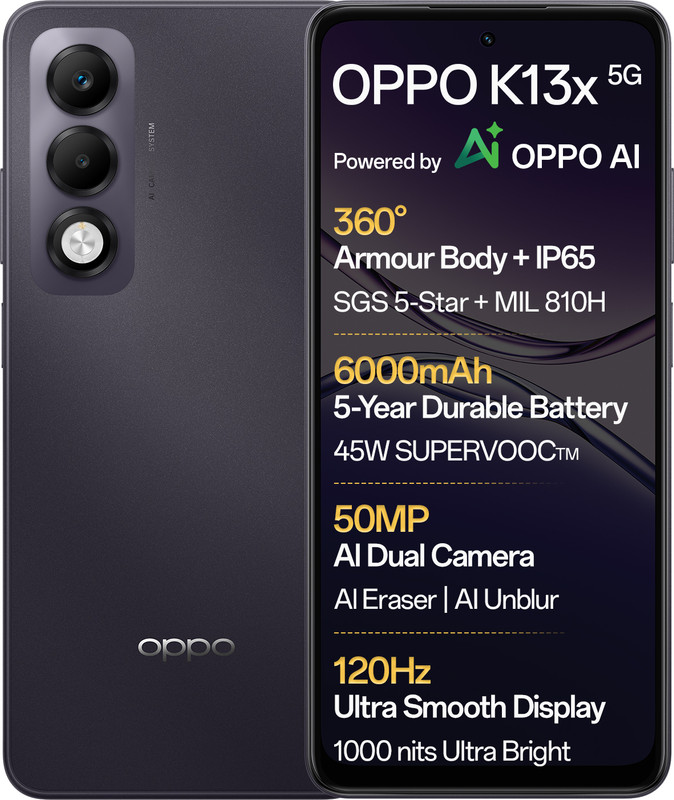 OPPO K13x 5G 6000mAh and 45W SUPERVOOC Charger & AI (Midnight Violet, 128 GB)(6 GB RAM)