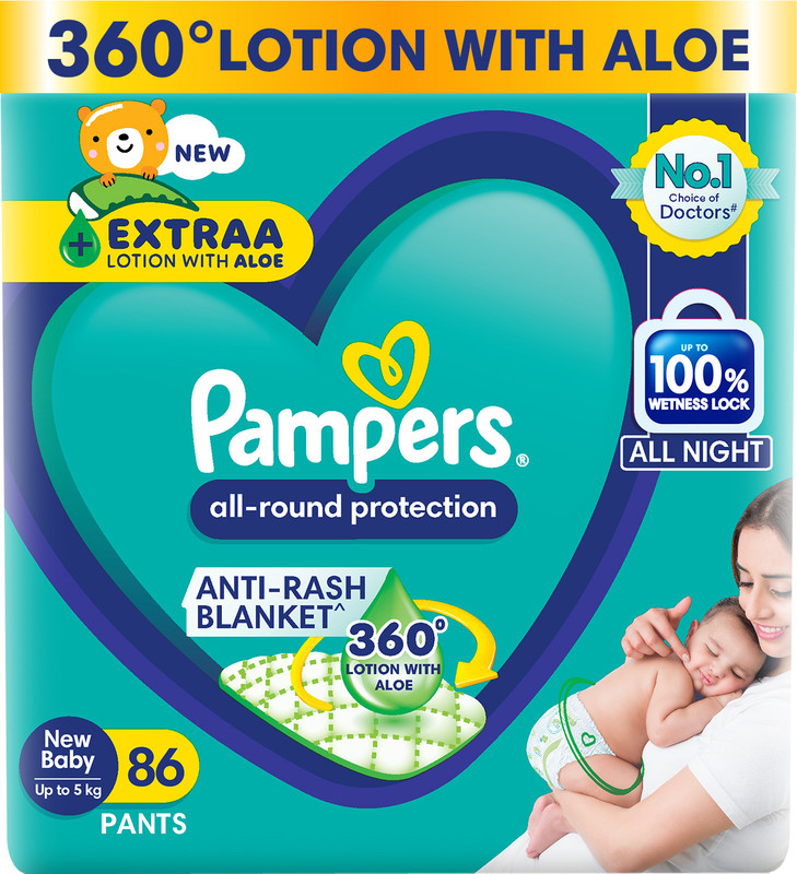 Pampers All Round Protection Diaper Pants, Anti Rash Blanket, Lotion with Aloe – New Born(86 Pieces)