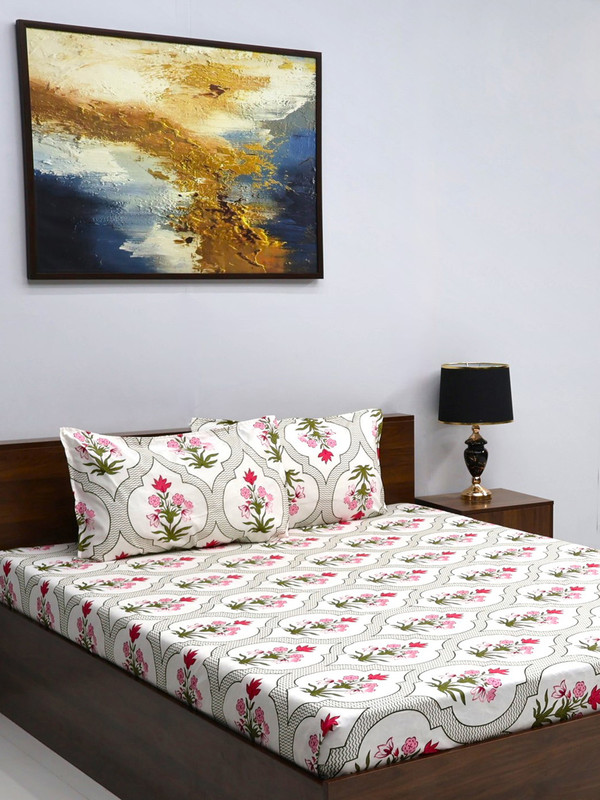 Bombay Dyeing 144 TC Microfiber Queen Floral Flat Bedsheet(Pack of 1, White)