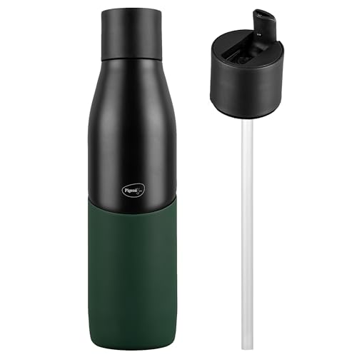 Pigeon by Stovekraft Luxe Thermos Stainless Steel Sipper Flask 500ml with Straw| 24 Hours Hot and Cold|Leak Proof|Easy to Open|Easy to use|Ideal Usage for Office Men/Women|School/College|Black&Green