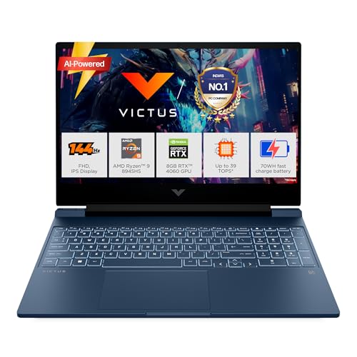 HP Victus, AMD Ryzen 9-8945HS, 8GB RTX 4060, Upgrade (Upto 32GB) 16GB RAM, 1TB SSD, 144Hz, 300nits, IPS, 15.6″/39.6cm, FHD, Win11, M365* Office 24, Blue, 2.29Kg, Backlit, fb3025AX, AI Gaming Laptop