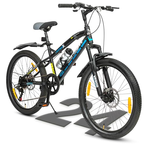VESCO Hyper-X 24T MTB 7 Speed Gear Cycle for Boys & Girls | Dual Disc Brake | Front Suspension | 16 inch Frame | Ideal for Kids 10-12 Years Mountain Bike (Black)