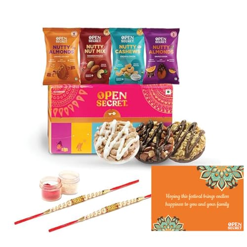 Open Secret Rakhi Set for Brother | Combo of 9 | Rakhi Gift for Brother & Bhabhi, Gift Hamper, Rakshabandhan Gifts for Sister, Dry Fruits, Assorted Cookies with Rakhis, Card & Roli Chawal Tilak Set