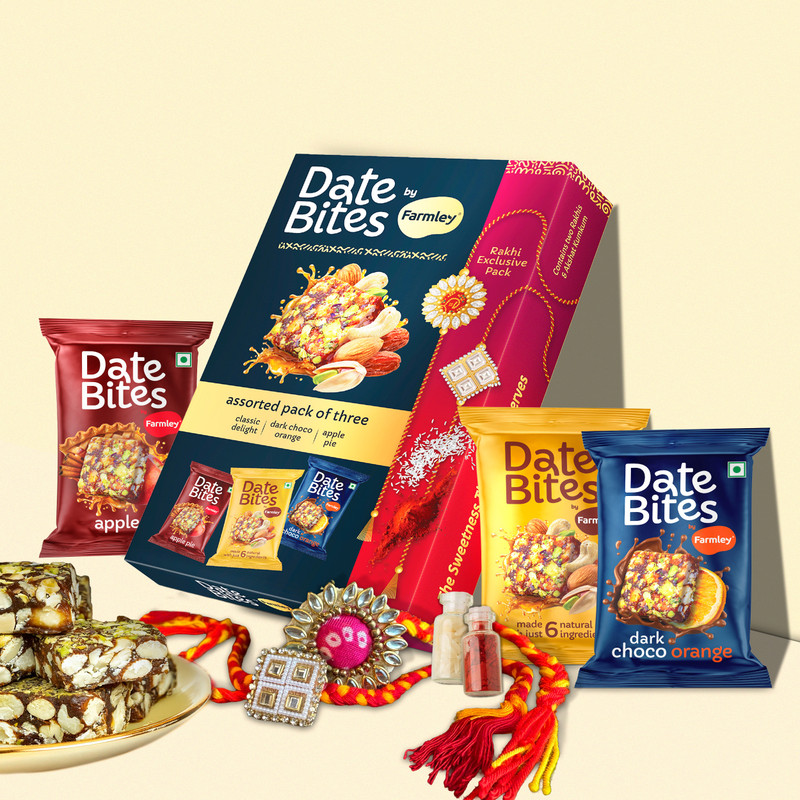 Farmley Assorted Date Bites Gift Pack With Rakhi and Kumkum Paper Gift Box(Multicolor)