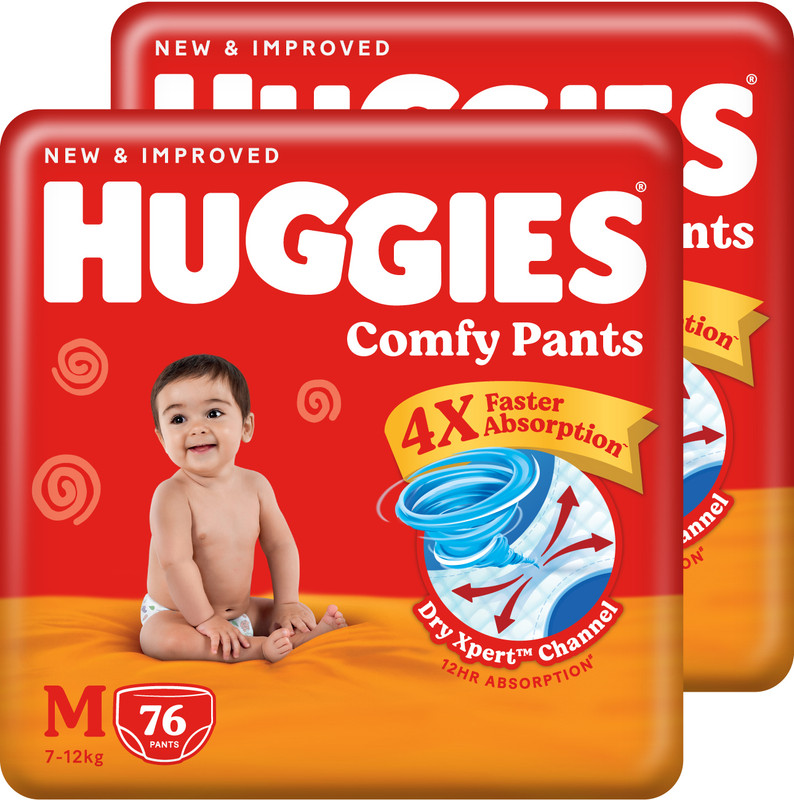 Huggies Comfy Baby Diaper Pants, Upto 50% Faster Absorption (76 X 2) – M(152 Pieces)